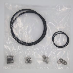 SPK-100, Spare Parts Kit for 100 mm Filter. Kit includes four 13 mm bolts, two 13 mm locking bolts, two 13 mm washers, two 75 KG compression springs, two 3″ Black EPDM O-rings, and two EPDM Housing Gaskets.