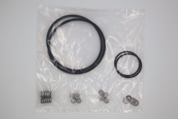 Spare Parts Kit for 100 mm Filter. Kit includes four 13 mm bolts, two 13 mm locking bolts, two 13 mm washers, two 75 KG compression springs, two 3" Black Viton O-rings, and two Viton Housing Gaskets.