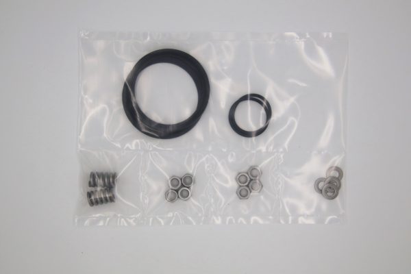Spare Parts Kit for 60 mm Filter. Kit includes four 13 mm bolts, two 13 mm locking bolts, two 13 mm washers, two 75 KG compression springs, two 1" Black EPDM O-rings, and two EPDM Housing Gaskets.