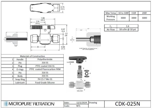 CDK-025N, Condensate Drain Kit for Standard Micropure Filtration Housings. Connections for inlet are 1/4″ BSPP Male and Outlet is 1/4″ FNPT.Set of 2 valves is included in the Kit. - Image 3